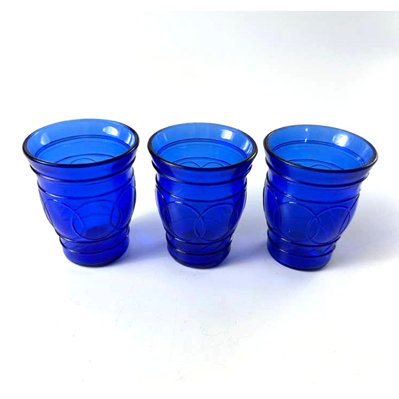 Hazel Atlas Ring O Rings Blue Shot Juice Cordial Glasses Tumblers - Picture 1 of 10